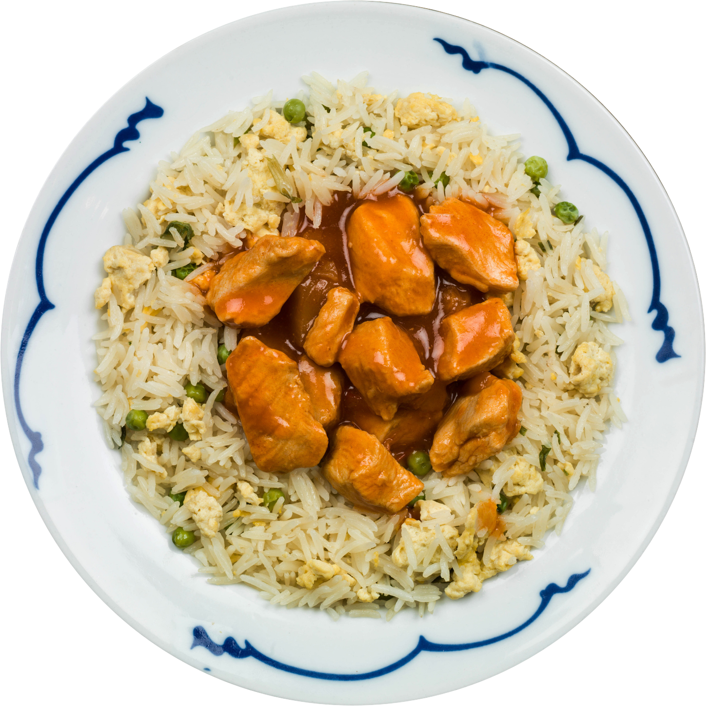 Marinated chicken with spices served over a bed of fluffy white rice.