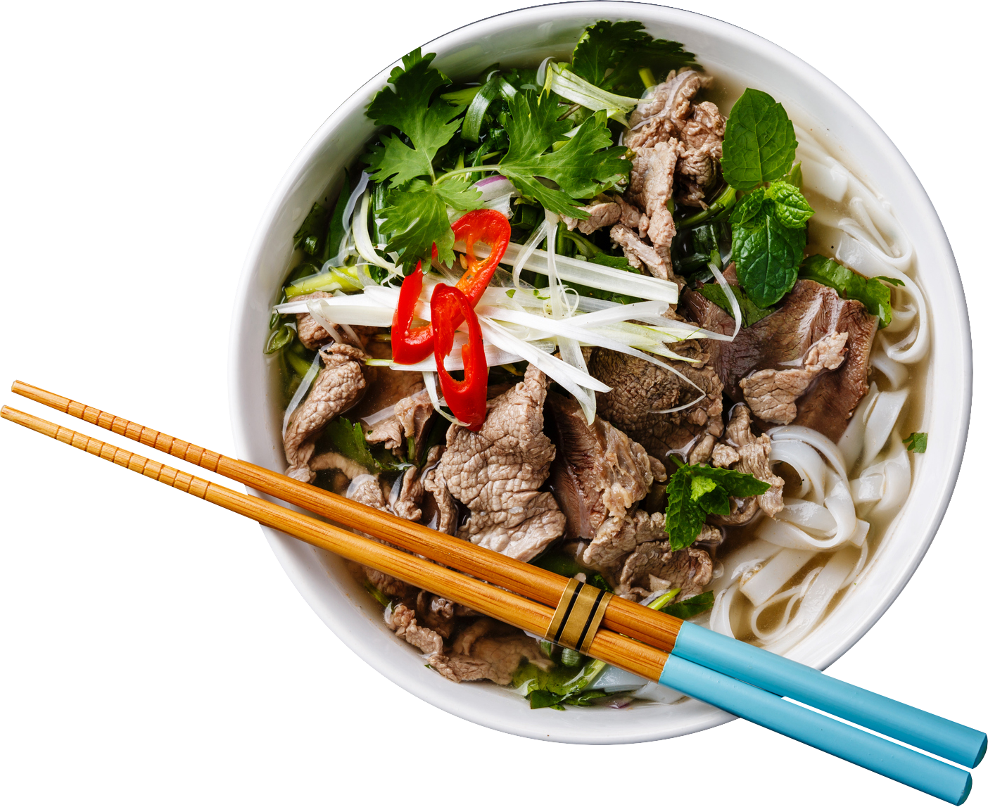 A bowl of Vietnamese pho with meat, cilantro and onions